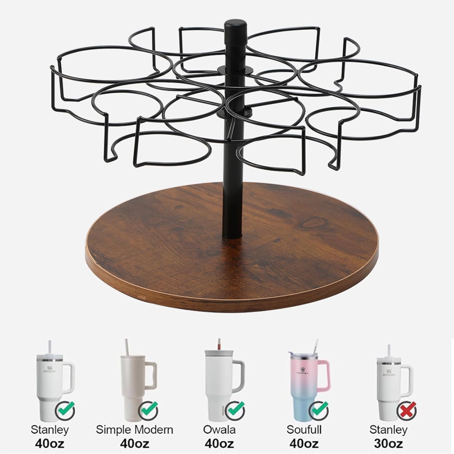 Rotatable Tumbler Organizer for 40 oz Cups, 6-Slot Tumbler Holder Organizer, Rotating Water Bottle Holder 40 oz Tumbler Storage Rack with Wooden Base for Kitchen Bottles Organization